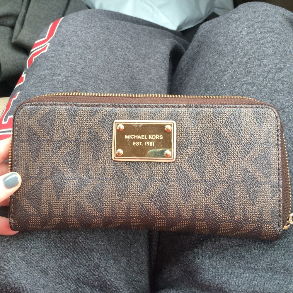 Michael Kors Brown Monogram Zip Wallet with Gold Plaque
